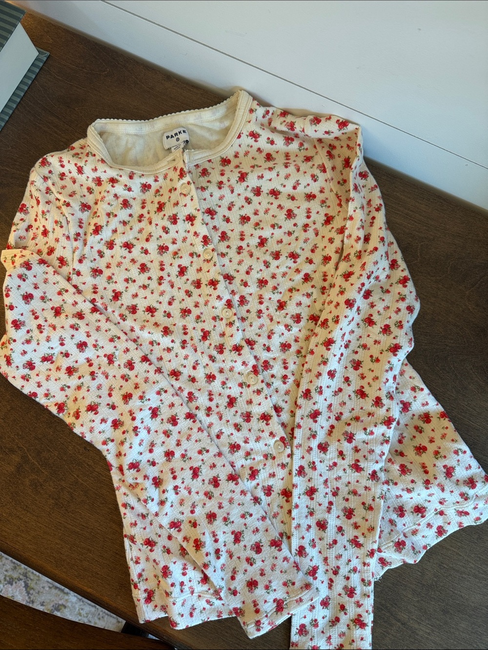 Parke Cream Long-Sleeve Floral cardigan Top with Red Print